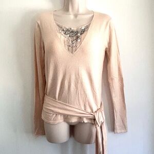 PerSe Cashmere Pink Top Long Sleeve Jeweled Neck Silk Blend